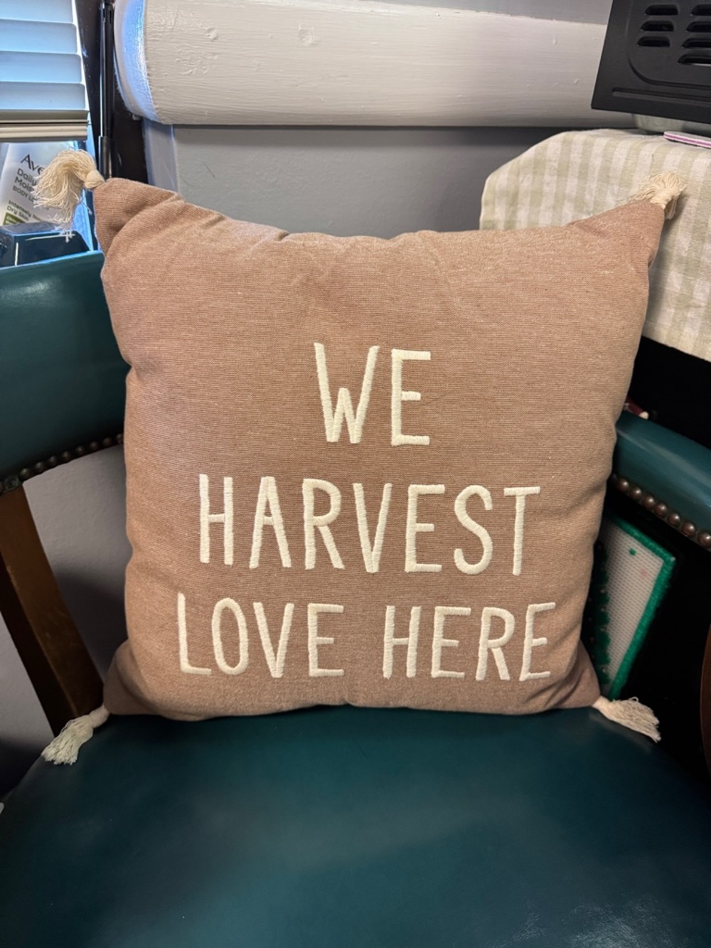 Threshold 'We Harvest Love Here' Decorative Throw Pillow in Tan with White Text